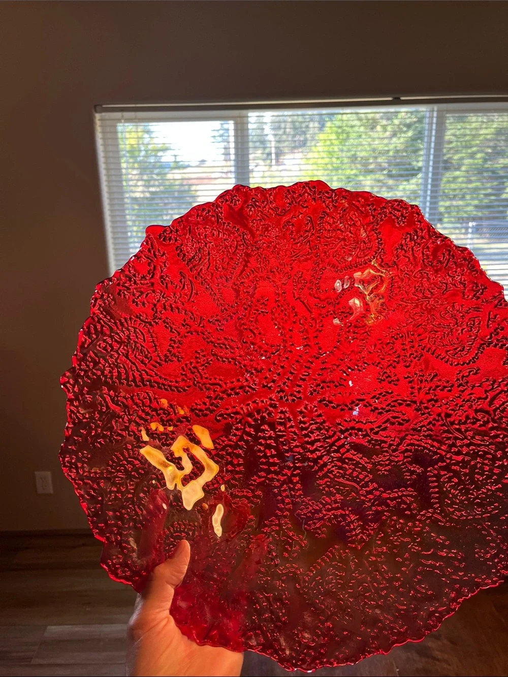 Art Glass Decorative Bowl - Iridescent Red Accent